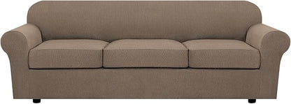 H.VERSAILTEX 4 Piece Stretch Sofa Covers for 3 Cushion Couch Covers for Living Room Furniture Slipcovers (Base Cover Plus 3 Seat Cushion Covers) Thicker Jacquard Fabric (Large Sofa, Macchiato)