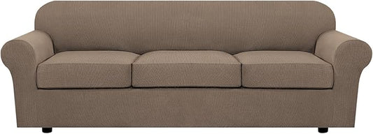 H.VERSAILTEX 4 Piece Stretch Sofa Covers for 3 Cushion Couch Covers for Living Room Furniture Slipcovers (Base Cover Plus 3 Seat Cushion Covers) Thicker Jacquard Fabric (Large Sofa, Macchiato)