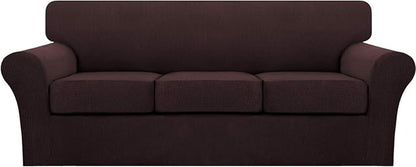 Turquoize 4 Piece Sofa Covers for 3 Cushion Couch Sofa Slipcover Soft Couch Cover for Dogs Washable Furniture Cover with 3 Individual Large Cushion Covers Feature Fabric (Large Sofa, Brown)