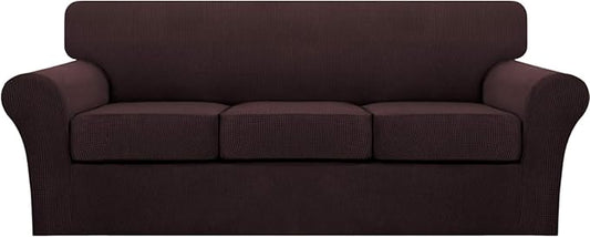 Turquoize 4 Piece Sofa Covers for 3 Cushion Couch Sofa Slipcover Soft Couch Cover for Dogs Washable Furniture Cover with 3 Individual Large Cushion Covers Feature Fabric (Large Sofa, Brown)