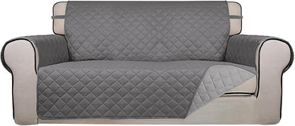 PureFit Reversible Quilted Sofa Cover, Water Resistant Slipcover Furniture Protector, Washable Couch Cover with Non Slip and Elastic Straps for Kids, Dogs, Pets (Oversized Loveseat, Gray/Light Gray)
