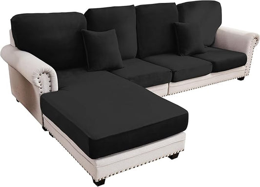 Couch Cover 4-Piece Elastic Velvet Couch Cushion Covers & Chaise Slipcovers for L-Shaped Sofas, Sofa Seat Covers Washable, Soft Cover for Couches (3 Seater + Chaise, Black)