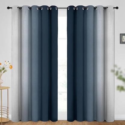 SimpleHome Ombre Room Darkening Curtains for Bedroom, Gradient Navy Blue to Grey White Light Blocking Thermal Insulated Grommet Window Curtain/Drapes for Living Room,2 Panels, 70x84 inches Length