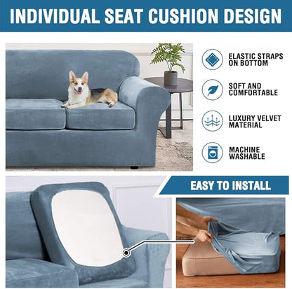 H.VERSAILTEX Modern Velvet Plush 4 Piece High Stretch Sofa Slipcover Sofa Cover Furniture Protector Form Fit Luxury Thick Velvet Sofa Cover for 3 Cushion Couch Width Up to 90 Inch (Sofa,Stone Blue)