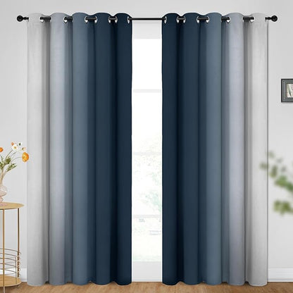 SimpleHome Ombre Room Darkening Curtains for Bedroom, Gradient Navy Blue to Grey White Light Blocking Thermal Insulated Grommet Window Curtains/Drapes for Living Room,2 Panels, 62x96 inches Length