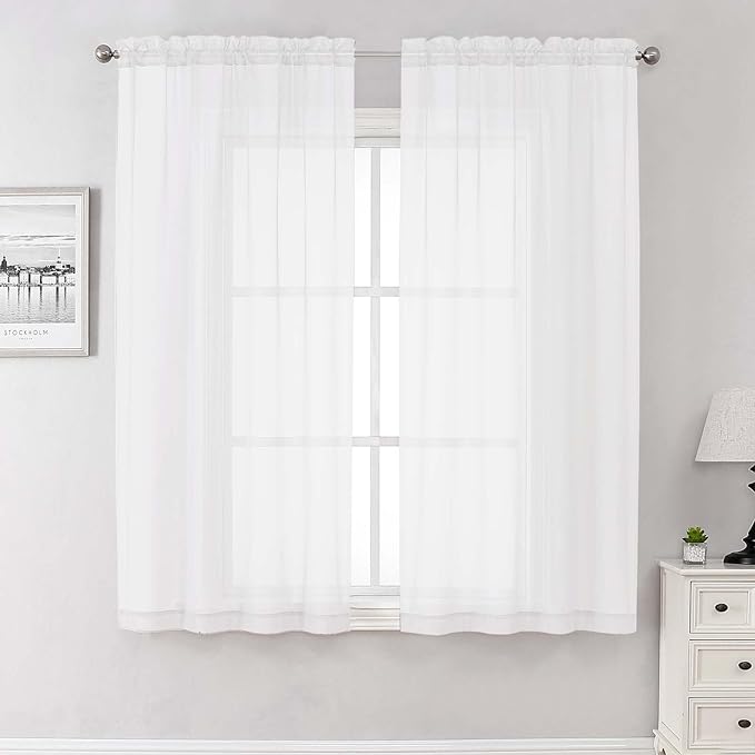 Lecloud White Sheer Curtains 68 Inch Length 2 Pcs, Voile Dual Rod Pocket Living Room Curtains for Bedroom, Elegant Window Treatments with Light Filtering Drapes for Bathroom, Each Panel 42" W x 68" L