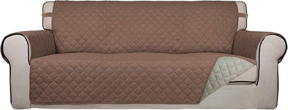 PureFit Reversible Quilted Sofa Cover, Water Resistant Slipcover Furniture Protector, Washable Couch Cover with Non Slip Foam and Elastic Straps for Kids, Pets (X Large, Brown/Beige)