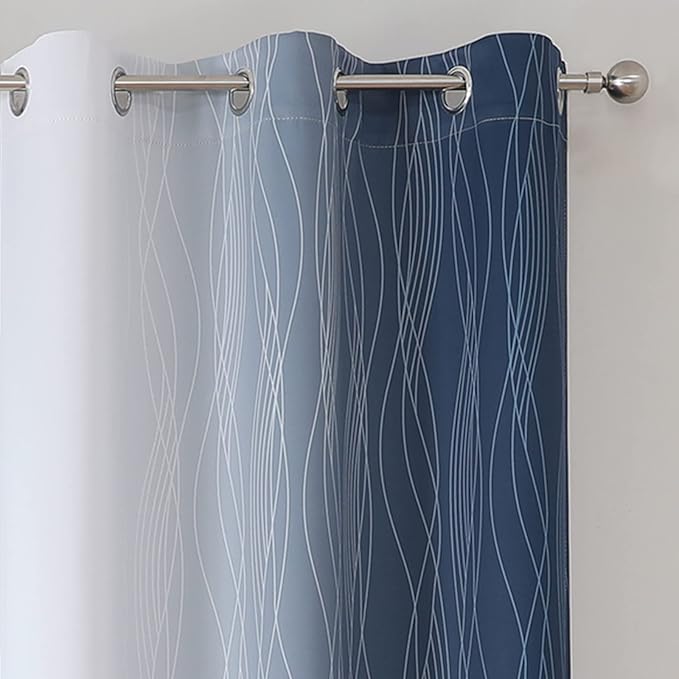 Estelar Textiler Navy Blue and Greyish White Blackout Curtains 45 Inch Length, Light Blocking Gradient Drapes for Kitchen, Thermal Insulated Grommet Ombre Curtains for Bathroom,42Wx45L,2 Panels