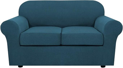 H.VERSAILTEX 3 Piece Stretch Sofa Covers for 2 Cushion Loveseat Couch Covers for Living Room Sofa Slipcovers (Base Cover Plus 2 Seat Cushion Covers) Thicker Jacquard Fabric(Medium Sofa, Deep Teal)