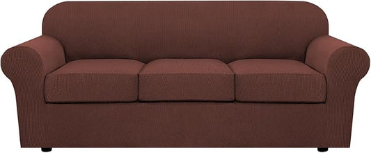 H.VERSAILTEX 4 Piece Stretch Sofa Covers for 3 Cushion Couch Covers for Living Room Furniture Slipcovers (Base Cover Plus 3 Seat Cushion Covers) Upgraded Thicker Jacquard Fabric (Sofa, Burnt Brick)