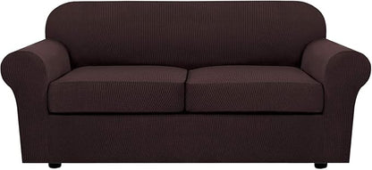 H.VERSAILTEX 3 Piece Stretch Sofa Covers for 2 Cushion Sofa Couch Covers for Living Room Sofa Slipcovers (Base Cover Plus 2 Seat Cushion Covers) Thicker Jacquard Fabric(Large Sofa, Chocolate)