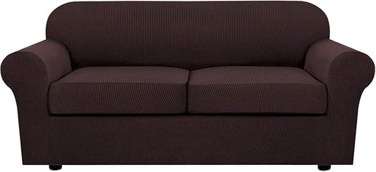H.VERSAILTEX 3 Piece Stretch Sofa Covers for 2 Cushion Sofa Couch Covers for Living Room Sofa Slipcovers (Base Cover Plus 2 Seat Cushion Covers) Thicker Jacquard Fabric(Large Sofa, Chocolate)