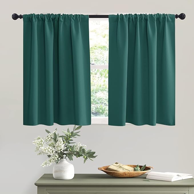 RYB HOME Short Hunter Green Blackout Curtains for Small Bedroom Window, Insulating UV Blocking Drapes for Kitchen Cafe Basement, Privacy Tiers for Bathroom Window, Width 42 by Length 36, Set of 2