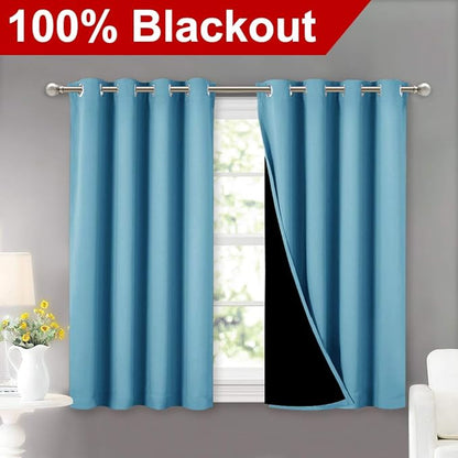 NICETOWN 100% Blackout Short Curtains with Black Liners, Thermal Insulated Full Blackout Lined Drapes, Energy Efficiency Window Draperies for Boy's Room (Teal Blue, 2 Panels, 52-inch W by 45-inch L)