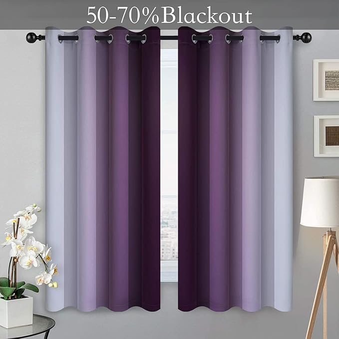 SimpleHome Ombre Room Darkening Curtains for Bedroom, Light Blocking Gradient Purple to Grey White Thermal Insulated Grommet Blackout Window Curtains Drapes for Kids, 2 Panels, 52x63 inches Length