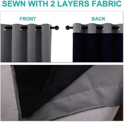 NICETOWN 100% Blackout Short Curtains with Black Liners, 2 Panels, 37" W by 40" L, Grey, Solid Thermal Insulated Full Blackout 2-Layer Lined Drapes, Energy Efficiency Window Draperies for Bedroom