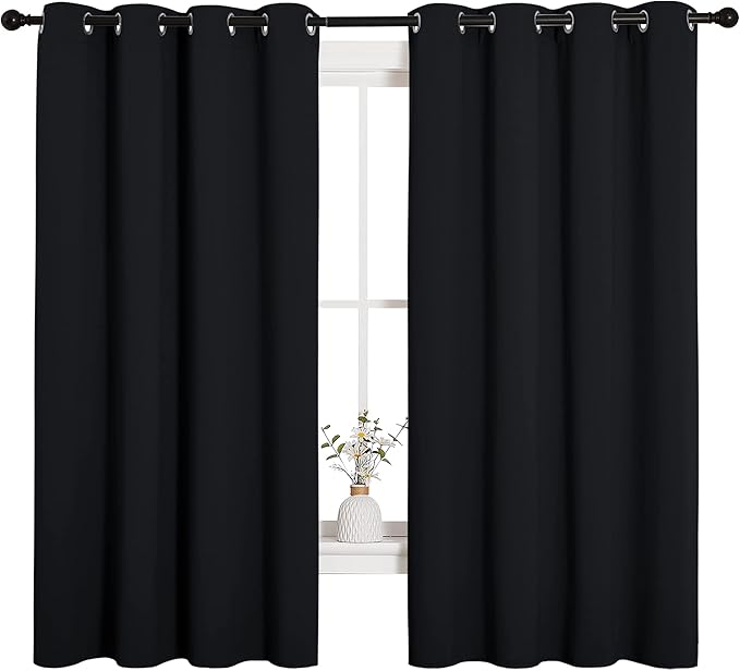 NICETOWN Bathroom Blackout Curtains and Drapes, Black Solid Thermal Insulated Grommet Blackout Drapery Panels for Window (2 Panels, 55 inches Wide by 68 inches Long, Black)