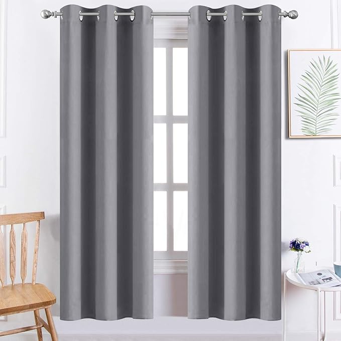 Yakamok Room Darkening Gray Blackout Curtains Thermal Insulated Grommet Curtain Panels for Bedroom, 38W x 72L, Grey, 2 Panels