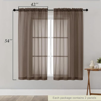 Sheer Chocolate Curtains for Bedroom Living Room 54 Inch Length 2 Panels Set, Solid Soft Airy Light Filtering Window Treatments, Modern Rod Pocket Drapes, Chocolate, 42" Wx54 L Inches