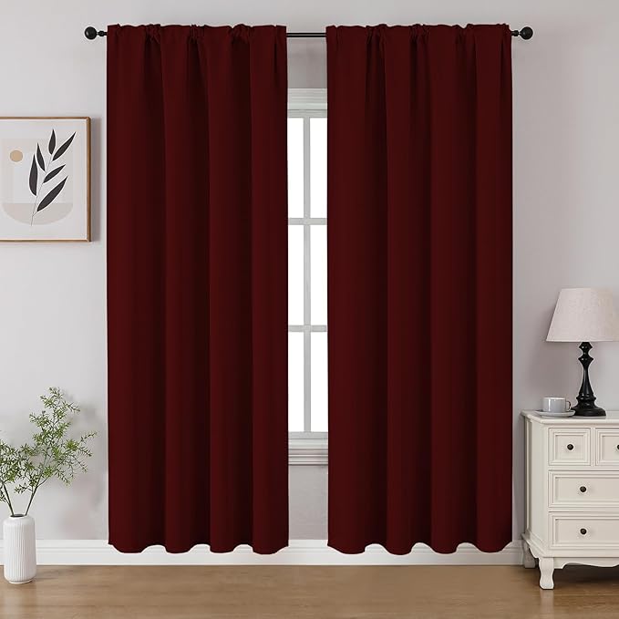 CUCRAF Burgundy Red Blackout Curtains 72 inch Length 2 Panels Set, Rod Pocket Room Darkening Drapes for Bedroom Living Room, Insulated Thermal Light Blocking Window Curtain (W52 x L72 Inch)