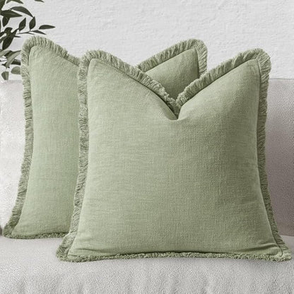 MIULEE Decorative Throw Pillow Covers Neutral Linen Fringe Throw Pillows Set of 2 Sage Green Boho Farmhouse Cushion Covers with Tassels for Couch Sofa Bed Living Room Spring Home Decor 20x20 Inch