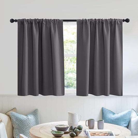 RYB HOME Blackout Privacy Bathroom Window Curtains, Short Thermal Insulated Heat Blocking Privacy Rod Pocket Half Window Curtain Tiers for Nursery Bedroom, Width 42 by Length 30, Grey, 2 Panels