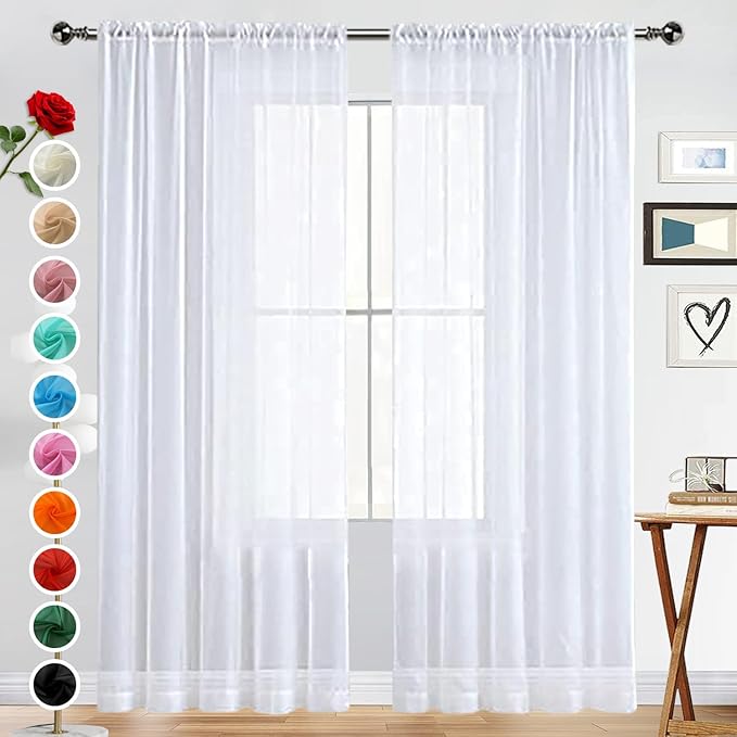 SpaceDresser Basic Rod Pocket Sheer Voile Window Curtain Panels White 1 Pair 2 Panels 70 Width 72 Inch Long for Kitchen Bedroom Children Living Room Yard(White,70 W x 72 L)