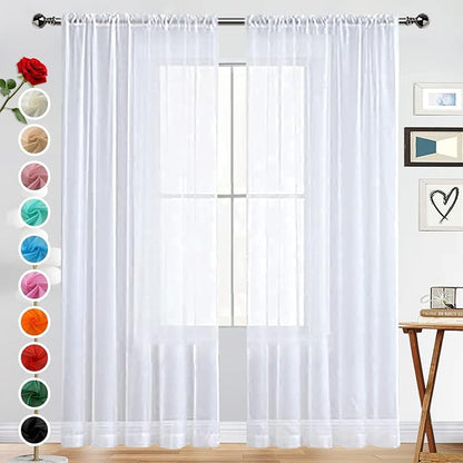 SpaceDresser Sheer Voile Window Treatment Rod Pocket Curtain Panels for Kitchen Bedroom Living Room Drapes Sunlight Filtering Privacy Semi Home Decor Assorted (White, 52 W x 118 L)