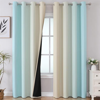 Estelar Textiler Aqua and Beige Blackout Curtains 102 Inch Length 2 Panels Set, Thermal Insulated Ombre Grommet Drapes for Bedroom, Full Room Darkening Gradient Curtains for Living Room,52Wx102L