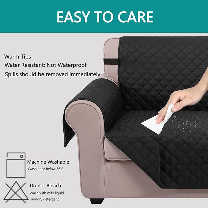 U-NICE HOME Loveseat Sofa Cover Reversible Couch Cover for Dogs with Elastic Straps Water Resistant Furniture Protector for Pets Couch Cover for 2 Cushion Couch (Loveseat, Black/Balck)