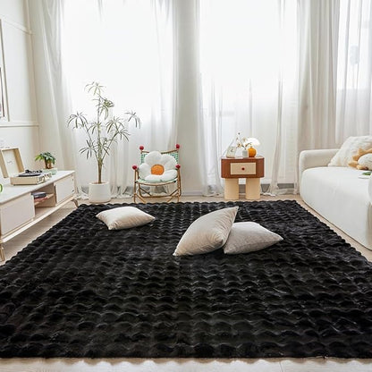 Black Rabbit Plush Rug 6'x9', Fluffy Faux Fur Shaggy Area Rug for Nursery, Kids Room Decor, Soft Fuzzy Carpet for Living Room, Bedroom, Teen Girls Room