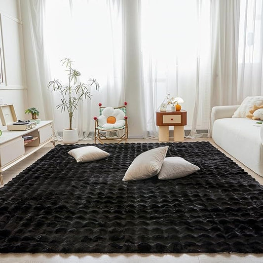 Black Rabbit Plush Rug 6'x9', Fluffy Faux Fur Shaggy Area Rug for Nursery, Kids Room Decor, Soft Fuzzy Carpet for Living Room, Bedroom, Teen Girls Room