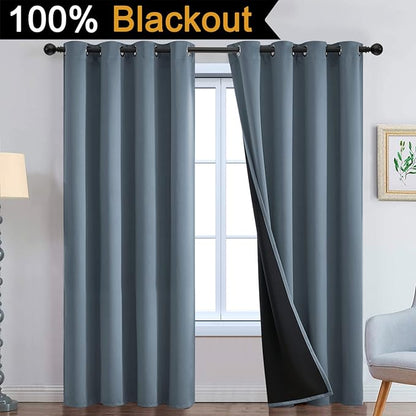 Yakamok 100% Blackout Lined Panels, Thermal Insulated Blackout Curtains for Bedroom, Heat Blocking Drapes for Living Room(52Wx84L, Stone Blue, 2 Panels)