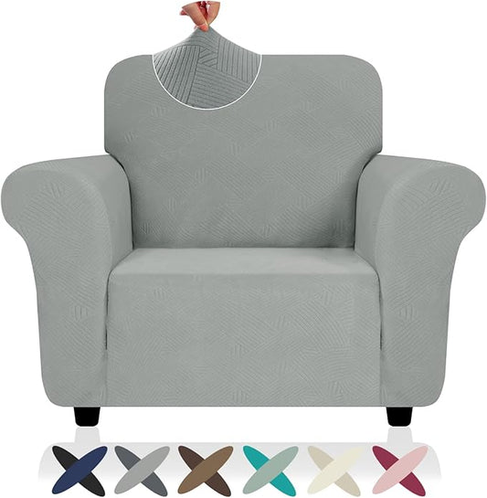 ZNSAYOTX Chair Cover with Arms (30"-47"), New Striped Sofa Chair Covers for Living Room, Dogs Pet Friendly Anti-Slip Chair Protector Spandex Armchair Slipcovers (Light Grey, Chair)