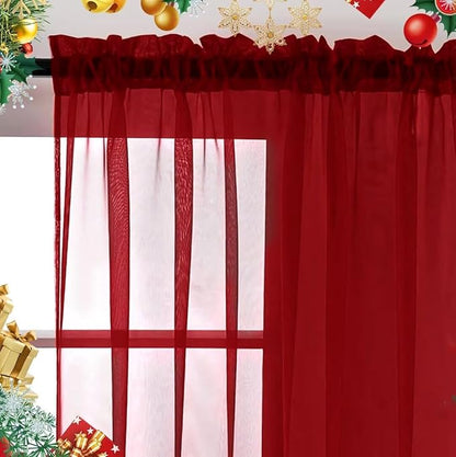 SpaceDresser Sheer Voile Window Treatment Rod Pocket Curtain Panels for Kitchen Bedroom Living Room Drapes Sunlight Filtering Privacy Semi Home Decor Assorted Colors Sizes (Christmas Red, 52 W x 90 L)