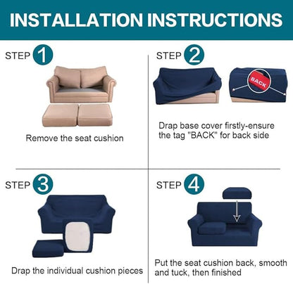 Turquoize 3 Piece Sofa Covers for 2 Cushion Couch Sofa Slipcover Soft Couch Cover for Dogs-Washable Sofa Furniture Covers with 2 Individual Cushion Covers, Thick Jacquard Fabric (Loveseat, Navy)