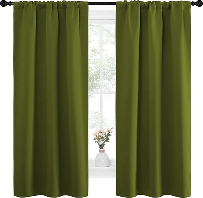 NICETOWN Bedroom Curtains Draperies with Rod Pocket, Nursery Essential Thermal Insulated Blackout Curtain Panels for Small Window (Olive Green, 1 Pair, 34 x 63)