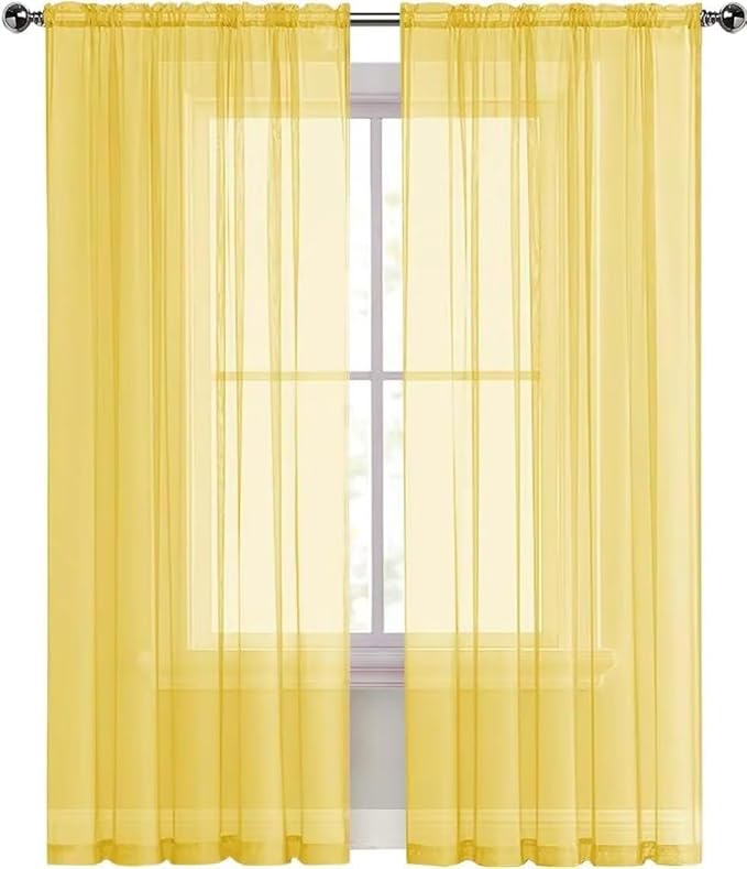 SpaceDresser Yellow Sheer Curtains 4 Panels Rod Pocket Semi-Sheer Curtain 54 Inches Long Light Filtering Voile Window Drapes for Bedroom Living Room Kitchen, Each 52W x54L
