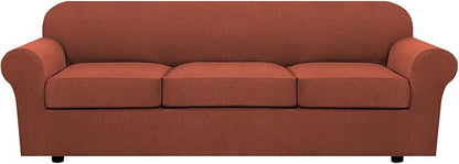 H.VERSAILTEX 4 Piece Stretch Sofa Covers for 3 Cushion Couch Covers Furniture Slipcovers for Living Room (1 Base Cover Plus 3 Seat Cushion Covers) Thicker Jacquard Fabric Cover (XL Sofa, Rust)
