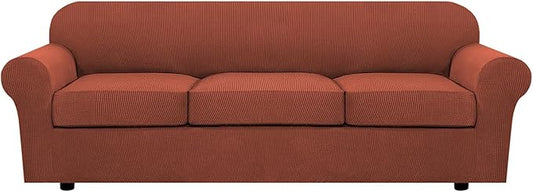 H.VERSAILTEX 4 Piece Stretch Sofa Covers for 3 Cushion Couch Covers Furniture Slipcovers for Living Room (1 Base Cover Plus 3 Seat Cushion Covers) Thicker Jacquard Fabric Cover (XL Sofa, Rust)