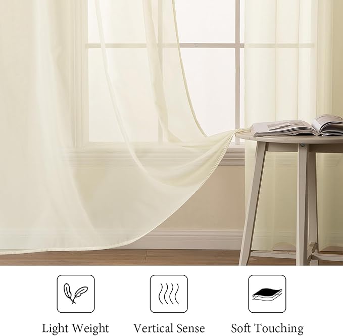 MIULEE 2 Panels Solid Color Light Cream Sheer Window Curtains Elegant Window Voile Panels/Drapes/Treatment for Bedroom Living Room (54 X 102 Inches Light Cream)