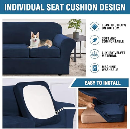 H.VERSAILTEX Real Velvet Plush 3 Piece Stretch Sofa Covers Couch Covers for 2 Cushion Couch Sofa Slipcovers Width Up to 90 Inch Feature Thick Soft Stay in Place (Large Sofa, Navy)