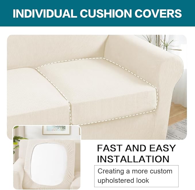 Turquoize 3 Piece Sofa Covers for 2 Cushion Couch Sofa Slipcover Soft Couch Cover for Dogs-Washable Furniture Cover with 2 Individual Covers, Feature Fabric (2 Cushion Sofa, Cream)