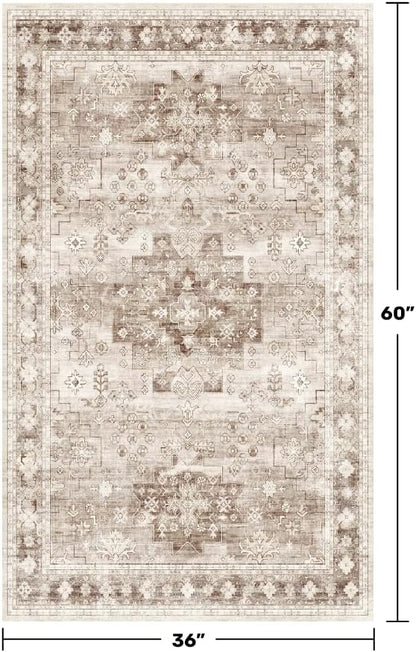 Washable Neutral Farmhouse Large Entryway Rug, 3x5 Area Rugs for Kitchen, Bedroom, Laundry Room, Nursery Room, Boho Vintage Floral Non-Slip Throw Rug Low Pile Stain Resistant (3x5 Beige/Latte)