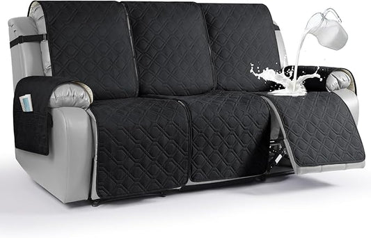 VANSOFY Waterproof Recliner Couch Covers, Sofa Covers 1-Piece Washable Reclining Sofa Cover Non-Slip Furniture Protector with Elastic Straps Pocket for Dogs, Pets(Black,3 Seater)