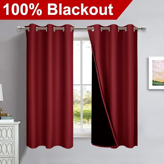 NICETOWN 100% Blackout Panels, Thermal Insulated Black Liner Curtains for Kitchen Room, Cold Blocking Drapes for Window Decoration (Set of 2, Burgundy Red, 42-inch Wide by 63-inch Long)