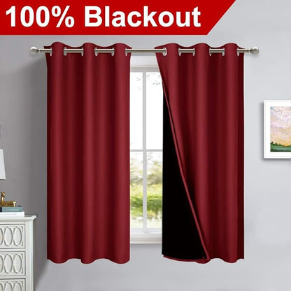 NICETOWN 100% Blackout Panels, Thermal Insulated Black Liner Curtains for Kitchen Room, Cold Blocking Drapes for Window Decoration (Set of 2, Burgundy Red, 42-inch Wide by 63-inch Long)