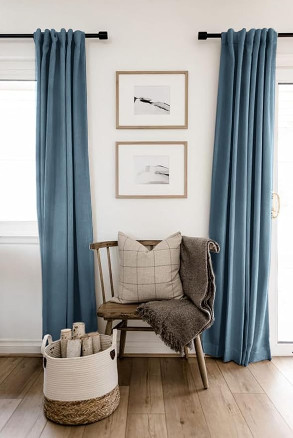 100% Blackout Shield Linen Blackout Curtains for Bedroom 108 Inches Long, Back Tab/Rod Pocket Living Room Drapes, Thermal Insulated Blackout Curtains 2 Panels Set, 50" W x 108" L, Stone Blue