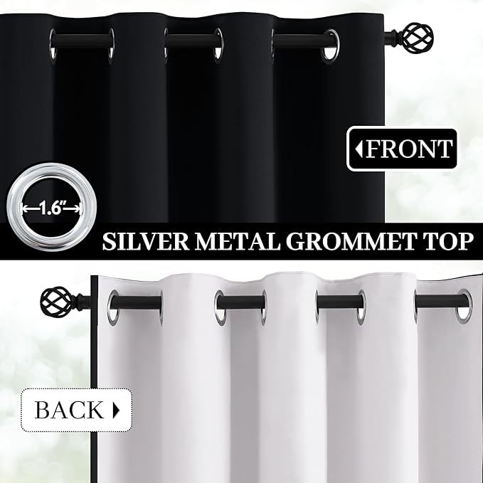 Yakamok 100% Blackout Curtains Black Room Darkening Thermal Insulated Window Curtain with 2 Thick Layers-Set of 2 Panels Grommet Top Drapes for Bedroom Living Room 52 Inches by 72 Inches Length