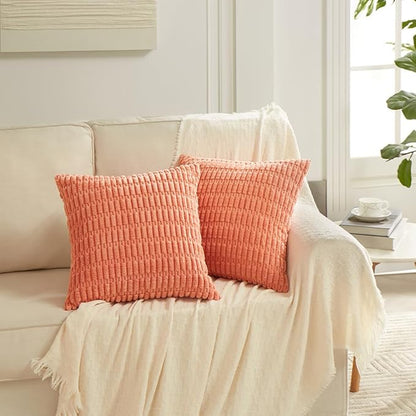 Fancy Homi 4 Packs Boho Coral Decorative Throw Pillow Covers 26x26 Inch for Living Room Couch Bed Sofa, Rustic Modern Farmhouse Home Decor, Soft Plush Corduroy Peach Cute Square Cushion Case 66x66 cm